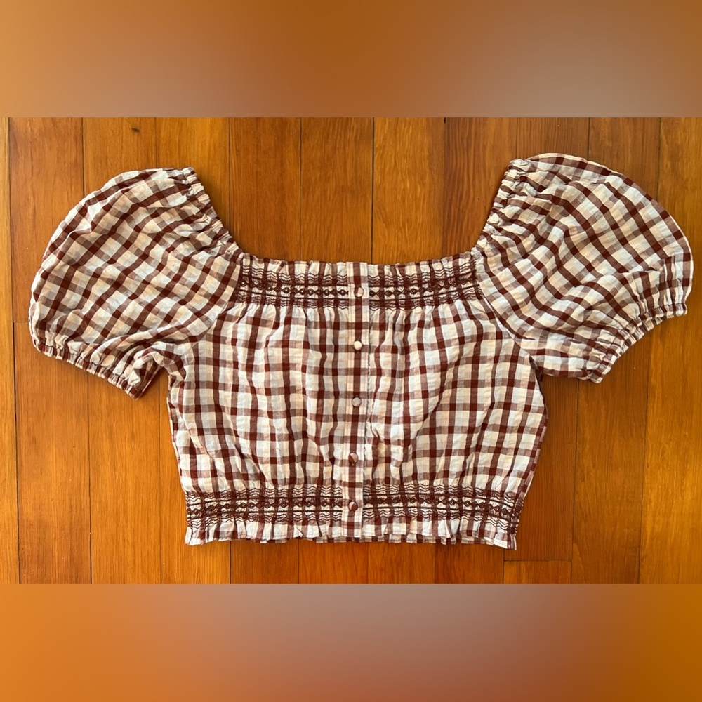 NWT Madewell Seersucker Jeanette Top in Plaid - Medium - Maroon - Ivory - Picture 6 of 7